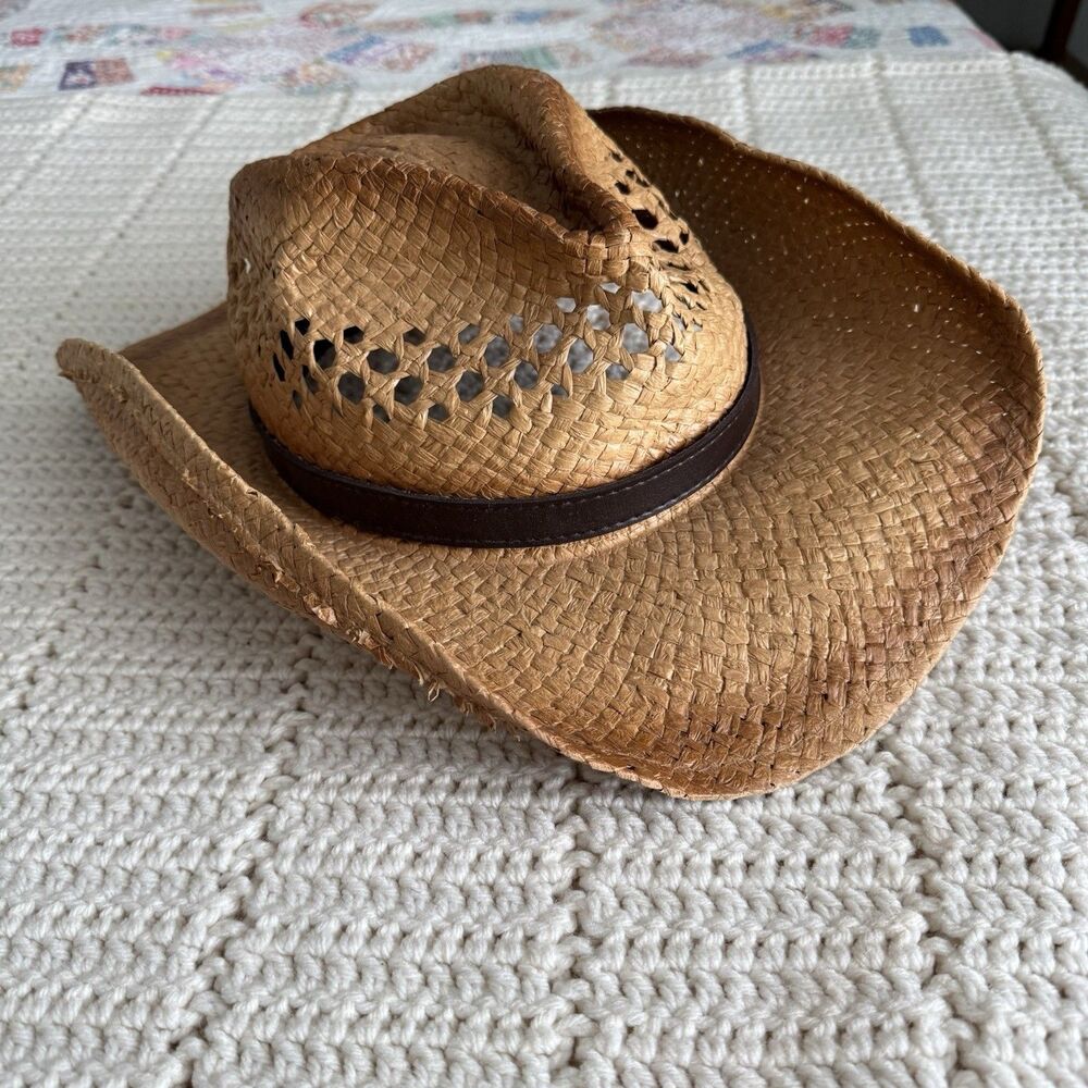 Peter Grimm Cowboy Hat Woven Straw Paper One Size Open Weave Tea Stain Tan Brown